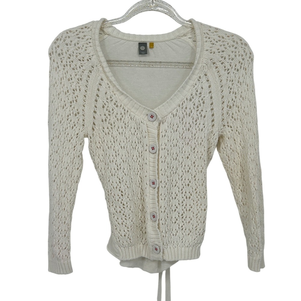 Knitted & Knotted Anthropologie Cream Pointelle Tie Back Cardigan Sweater M